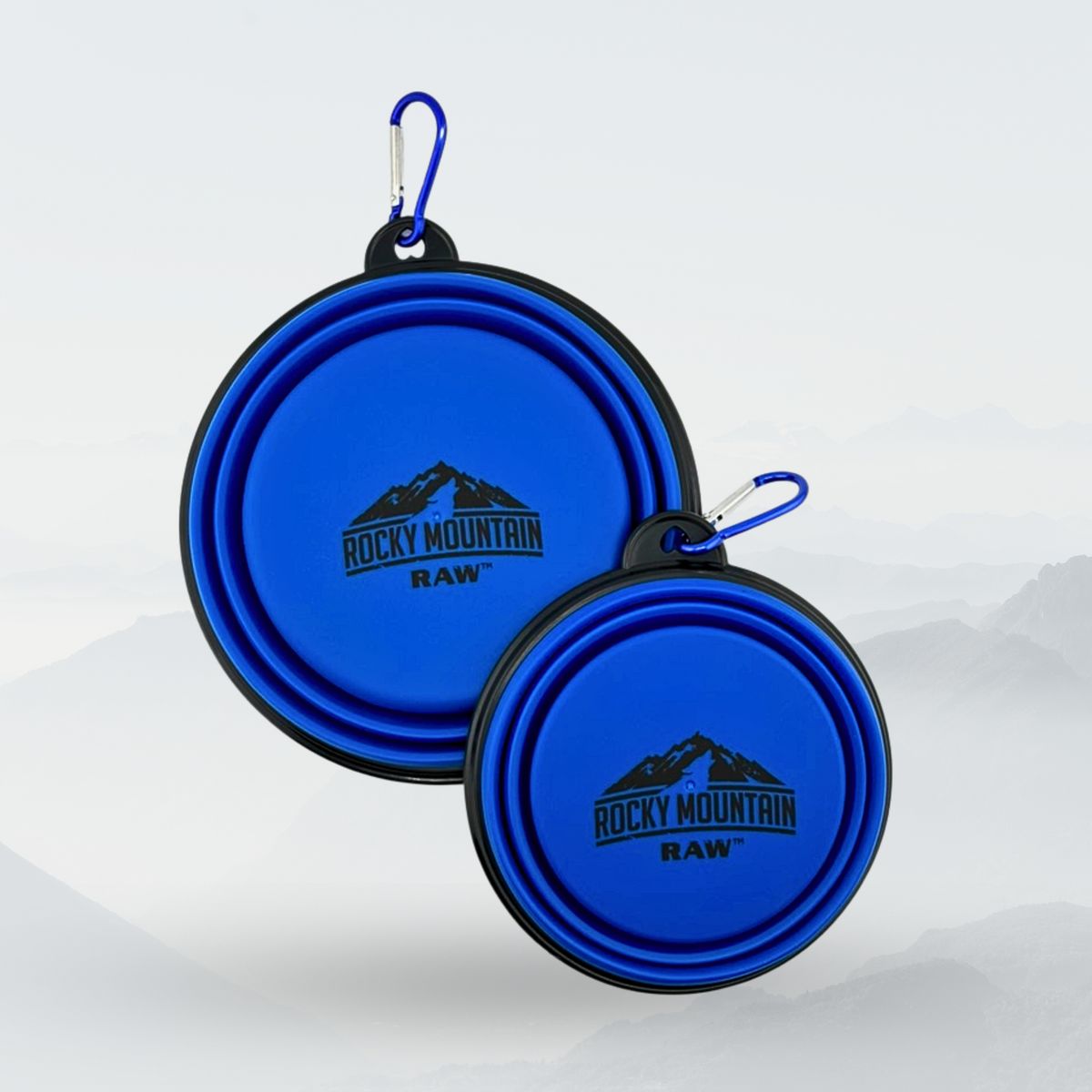 Foldable blue travel dog bowls with carabiner, small and large