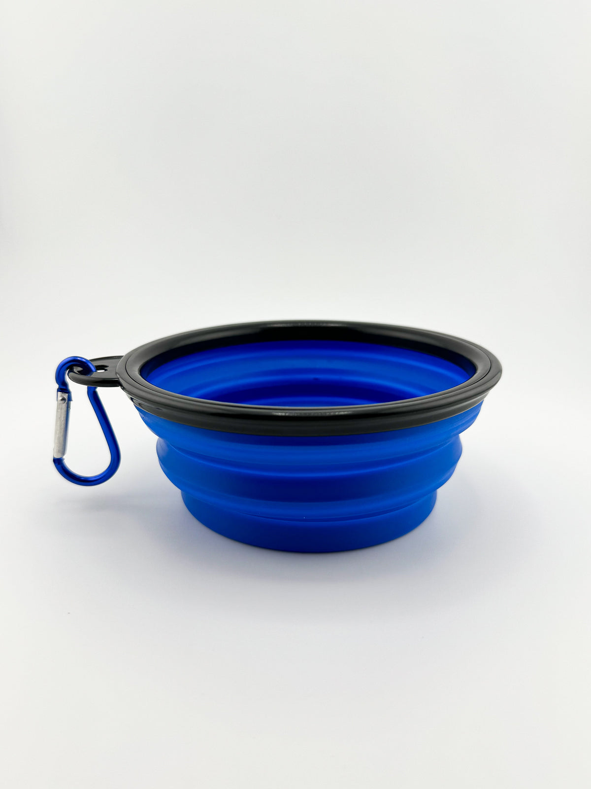 Foldable blue travel dog bowl – in use