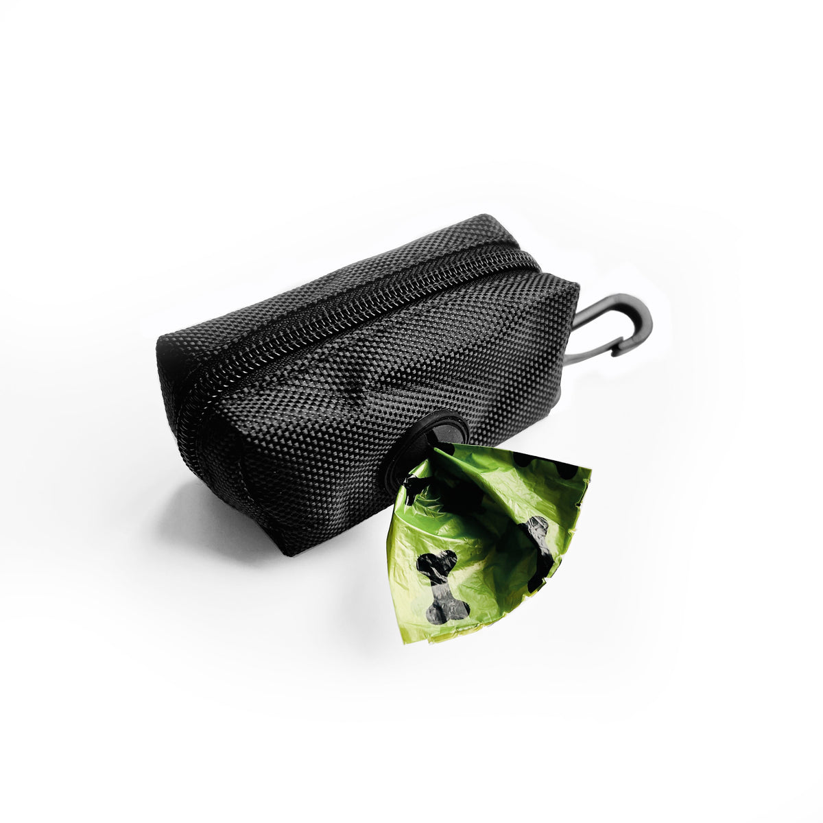 Black clip-on waste bag pouch with bag roll